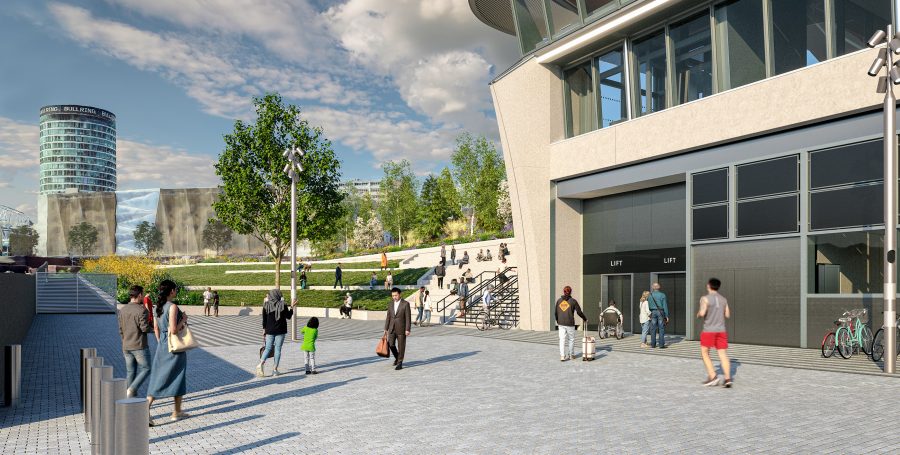 Visualisation showing the view from the Paternoster side of the front entrance to the new Curzon Street station
