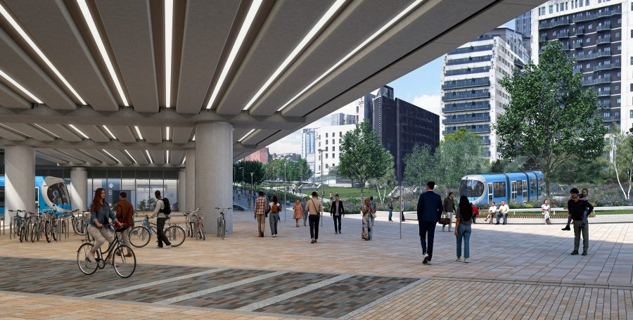 Visualisation showing trams and cyclists at the eastern entrance to the new Curzon Street station
