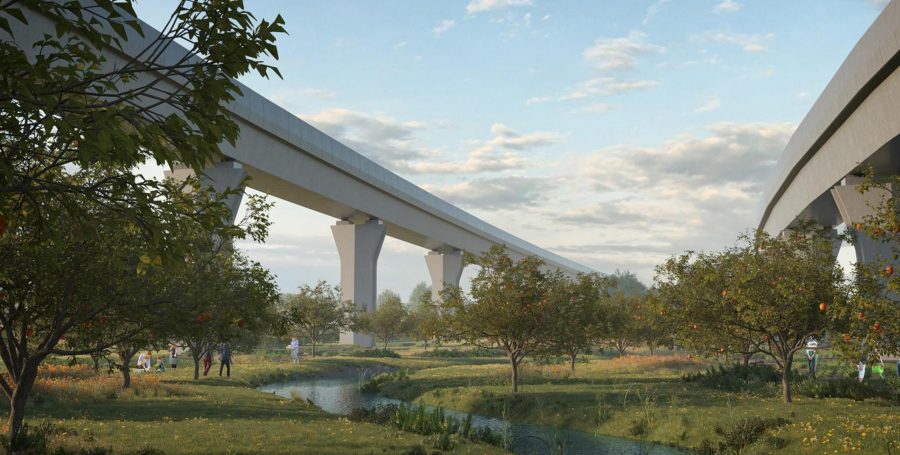 View of the Water Orton viaducts and the surrounding ecological enhancement.