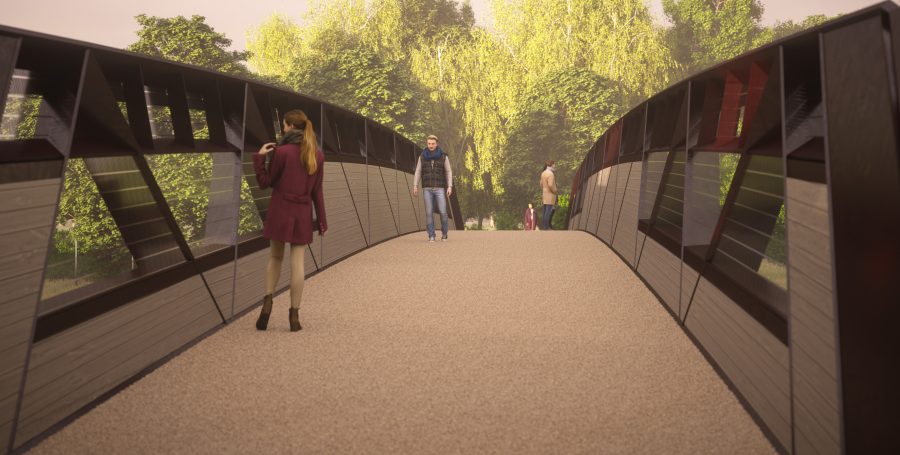 Artist impression showing footbridge design for rural Buckinghamshire, Oxfordshire and West Northants - by HS2 main works contractor EKFB working with designers ASC and architects Moxon.