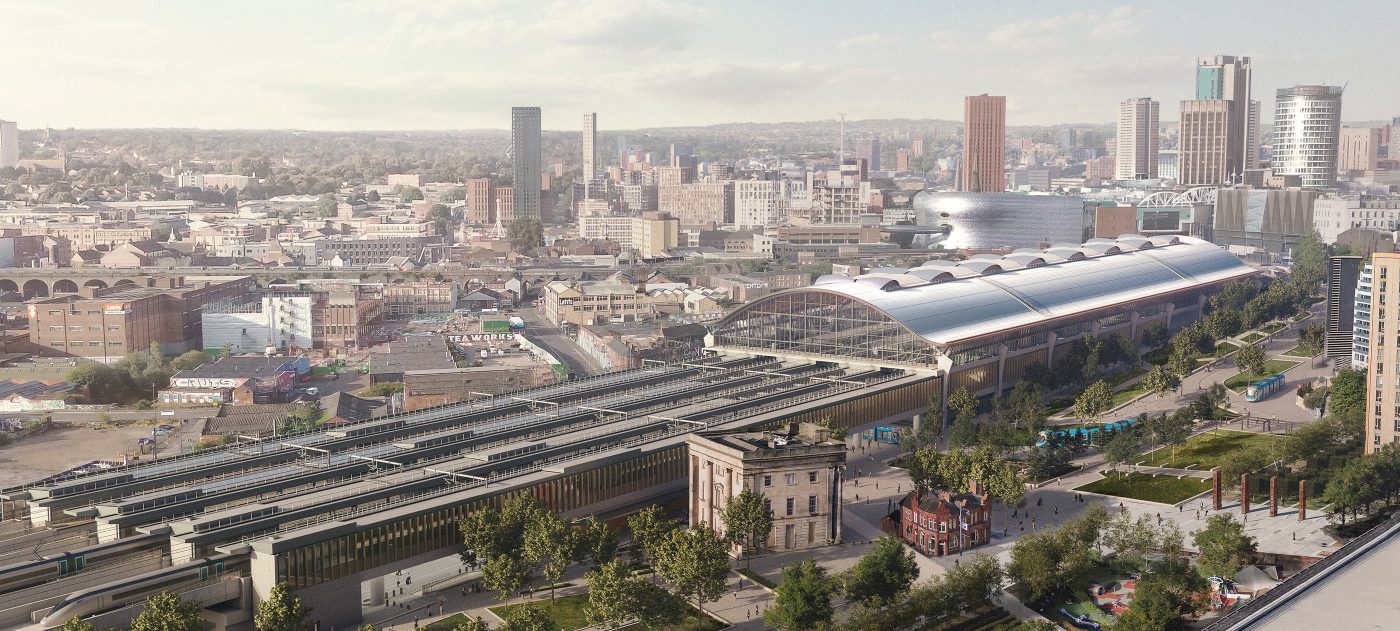 Artist's impression of Birmingham Curzon Street station with Birmingham skyline.