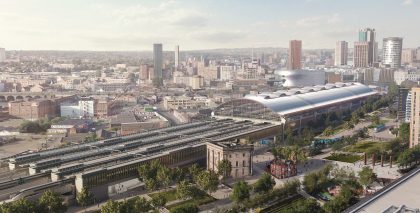 Artist's impression of Birmingham Curzon Street station with Birmingham skyline.